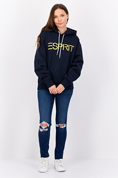 Esprit Women Hooded Long Sleeves Brand Logo Sweatshirt, Marine Navy