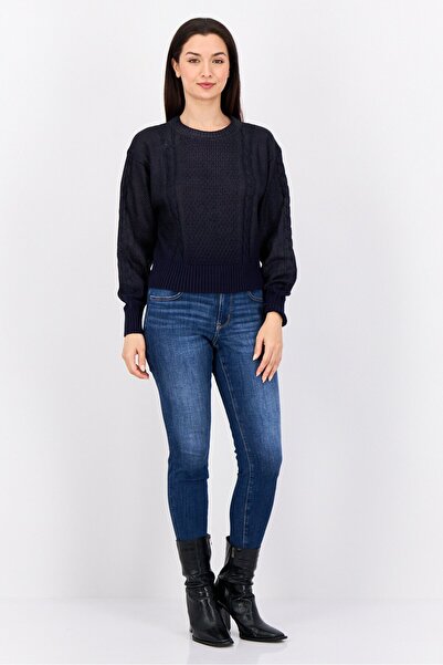 Esprit Women Round Neck Textured Long Sleeves Crop Sweatshirt, Navy