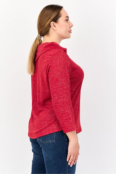 Adrienne Vittadini Women Mock Neck 3/4 Sleeves Metallic Blouse, Red
