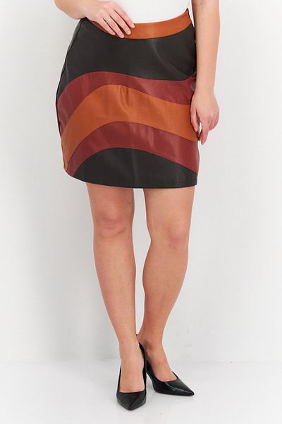 Neon Rose Women Colorblock Leather Mini Skirt, Brown