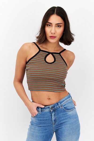X-Girl Women Keyhole Sleeveless Stripe Tank Top, Orange Combo