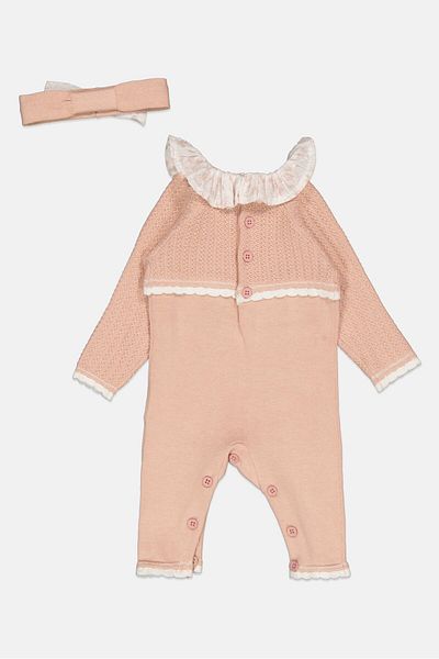 Rock A Bye Baby Boutique Toddlers Girl 2 Pieces Textured Bodysuit With Headband, Peach
