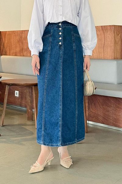lamelif Fusta de denim hijab cu cupă cu detaliu cu nasturi Albastru închis