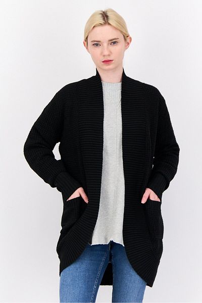 PİNK ROSE Women Split Neck Knitted Cardigan, Black