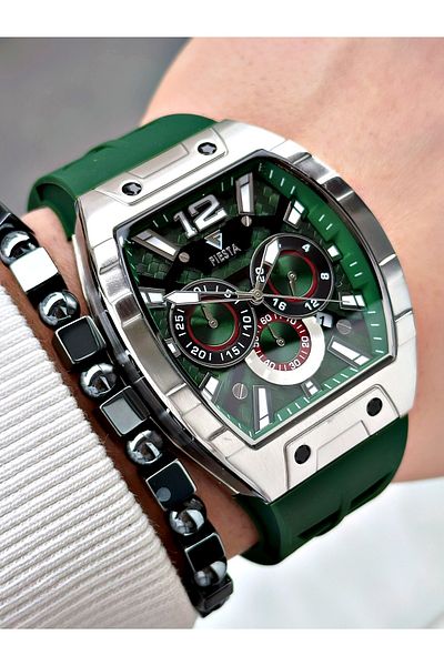 Fiesta Green Color Silicone Function Steel Case Business Men's Wrist Watch + Bracelet