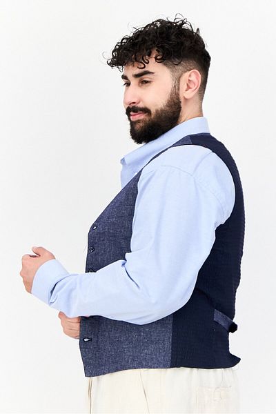 GAS Men Regular Fit Chambray Pattern Vest, Dark Blue