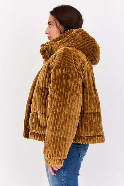 AMERICAN EAGLE Women Ripped Puffer Jacket, Tan