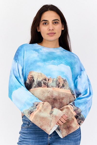 Esprit Women Ribbed Collar Graphic Printed Sweater, Multicolour
