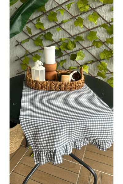Decamor home Βαμβακερό λινό Γκρι Mini Gingham Frilly Runner