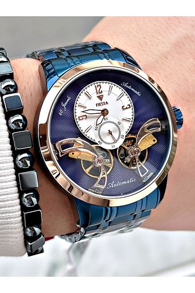 Fiesta Navy Blue Color Double Turbine Automatic Business Men's Wristwatch + Bracelet