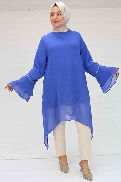 Eslina 58018 Large Size Flared Sleeve Stone Printed Chiffon Tunic - Saks
