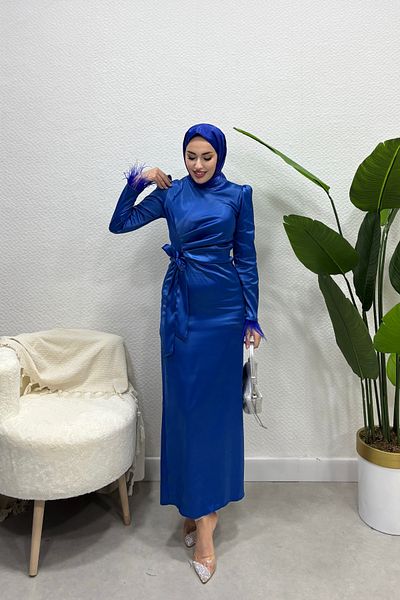 Tarzım Tuba Satin Evening Dress - Tassel Sleeve and Side Tie, Sax Blue