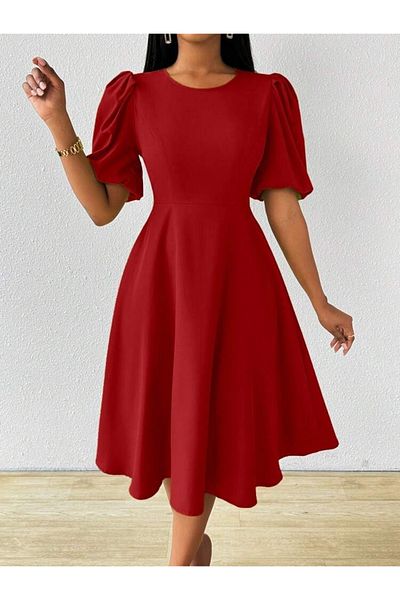 Modayakamoz New Season Women's Short Balloon Sleeve Crew Neck Flared Janjan Crepe Dress