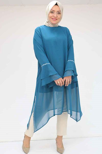 Eslina 58018 Large Size Sleeve Flounce Stone Printed Chiffon Tunic - Petrol