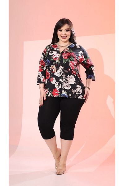HÜLYA BUTİK Women's Large Size Red Floral Patterned Zipper Blouse