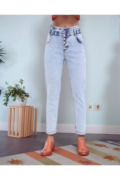 SHEVEGA Pantaloni de blugi Mom Jean cu talie înaltă, albastru gheață, cu detaliu cu nasturi