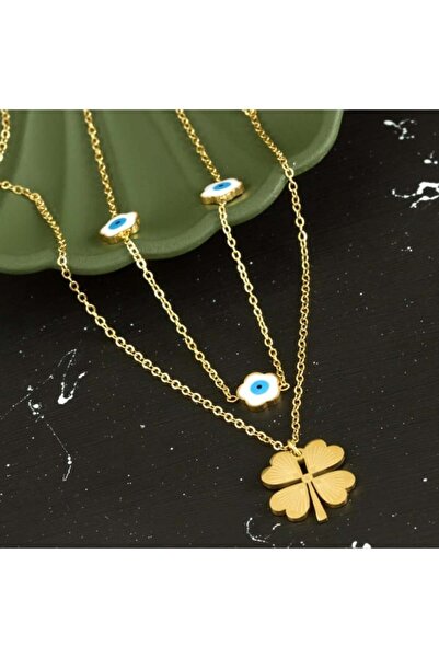 Modontik Yonca Nazarlı Lüks Çelik İkili Kolye