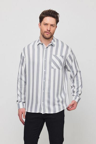cotside Oversize Polo Neck Striped Pocket Long Sleeve Cotton Shirt