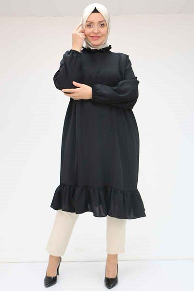 Eslina 58017 Plus Size Chiffon Tunic with Ruffled Hem - Black