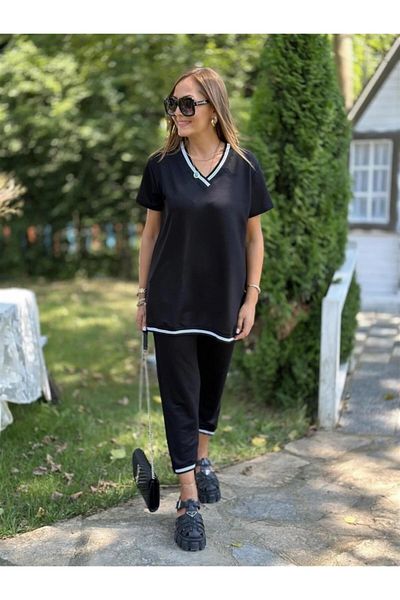 Modayakamoz New Season Women's Short Sleeve V-Neck Two Yarn Blouse and Pants Two-Piece Set