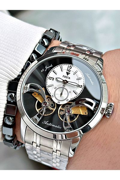 Fiesta Silver Color Double Turbine Automatic Business Men's Wrist Watch + Bracelet