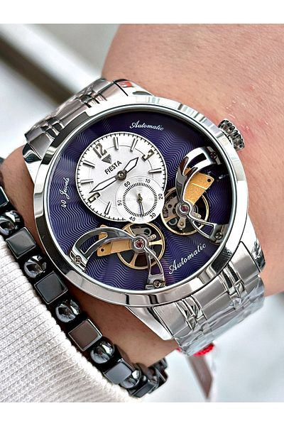 Fiesta Silver Color Double Turbine Automatic Business Men's Wrist Watch + Bracelet