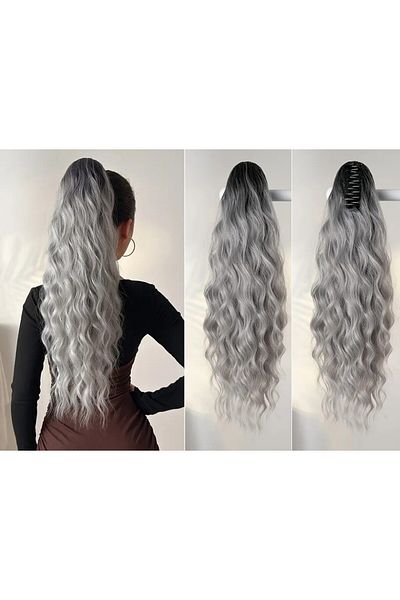 NeednStore Grey Ombre Women's Wig Wavy Ponytail 60 cm 1St Quality Synthetic Isyana Resistant
