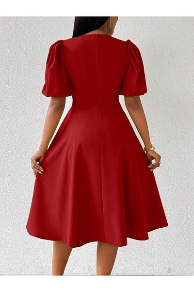 Modayakamoz New Season Women's Short Balloon Sleeve Crew Neck Flared Janjan Crepe Dress