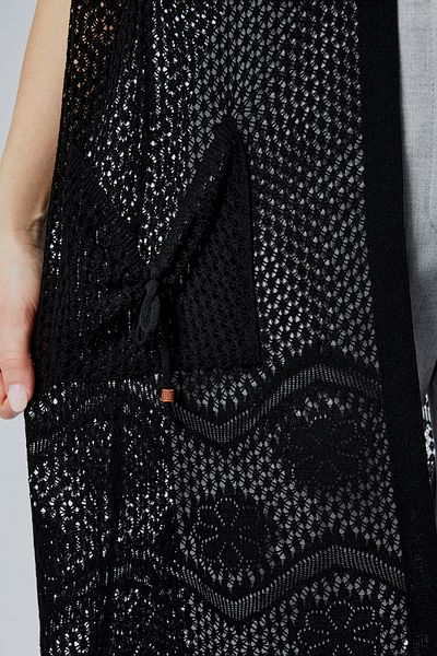 larocci Women's Standard V-Neck Mesh Detailed Floral Pocket Long Mother Vest