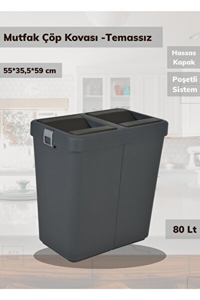 Jet's Home Çöp Kovası Bas Çek Mutfak Banyo Çöp Kutusu Antrasit 80 Litre