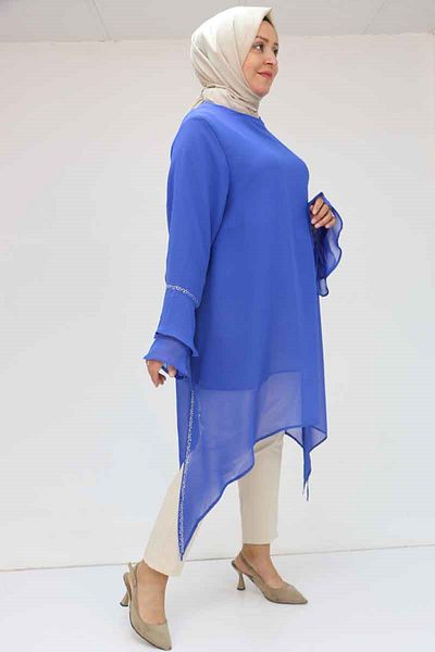 Eslina 58018 Large Size Flared Sleeve Stone Printed Chiffon Tunic - Saks