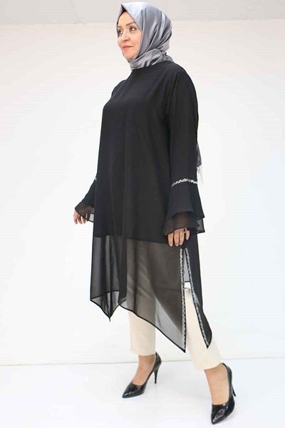 Eslina 58018 Large Size Flared Sleeve Stone Printed Chiffon Tunic - Black