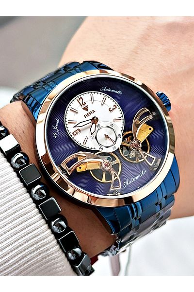 Fiesta Navy Blue Color Double Turbine Automatic Business Men's Wristwatch + Bracelet