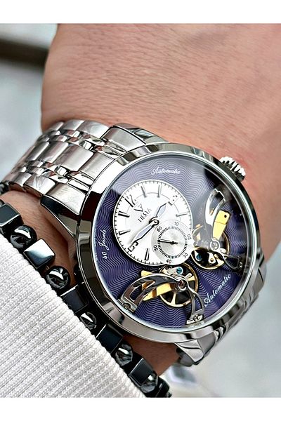 Fiesta Silver Color Double Turbine Automatic Business Men's Wrist Watch + Bracelet
