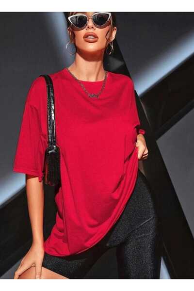 İpli Oversize T-Shirt Back Printed Red Color