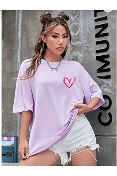 İpli Oversize T-Shirt Color Printed Lilac Color
