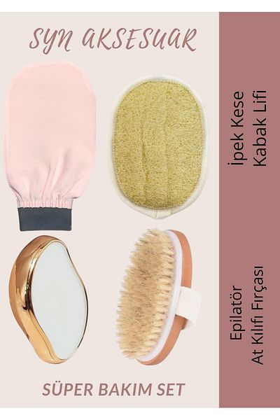 SYN AKSESUAR Set of 4 Silk Scrub: Peelinq Glove, Pumpkin Fiber, Epilator, Natural Horsehair Brush