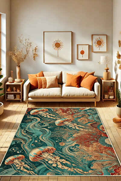 The Reef Design Denizanası Desenli Kaymaz Yıkanabilir Dijital Baskı Deniz Tem...