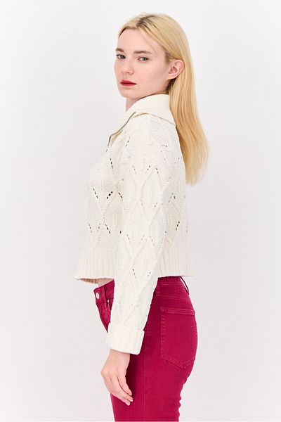PİNK ROSE Women Turtle Neck Long Sleeves Pointelle Sweater, Off White