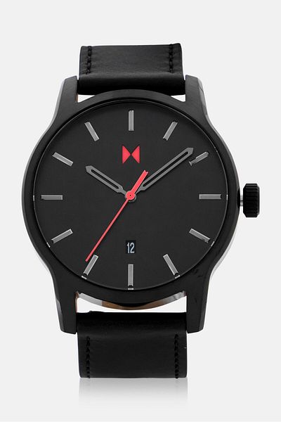 MVMT Men 28000321-D Round Leather Watch 44 mm, Black
