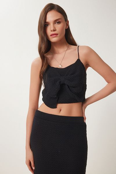 Lovelyİstanbul Bow Summer Knitwear Crop Skirt Set Black Lns0036