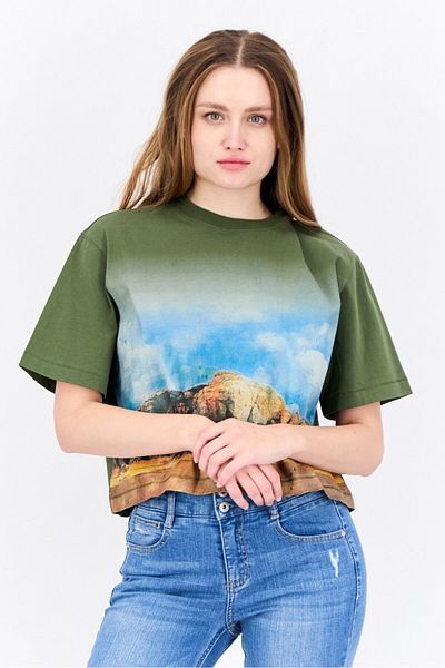 Esprit Women Oversized Crew Neck Short Sleeves Graphic Print Crop Top, Olive