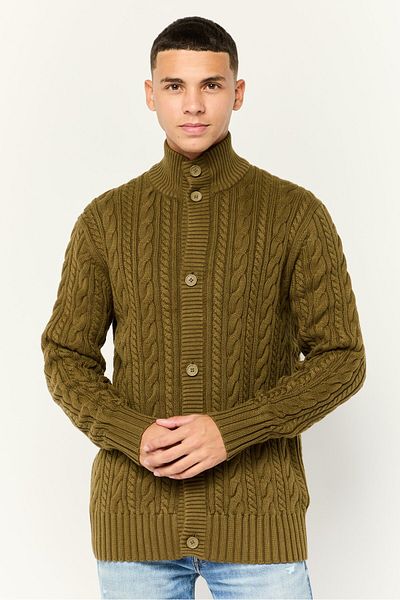 Esprit Men Mock Neck Cable Knitted Long Sleeve Cardigan, Dark Olive