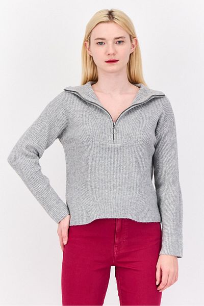 PİNK ROSE Women Mock Neck Knitted Sweater, Light Grey