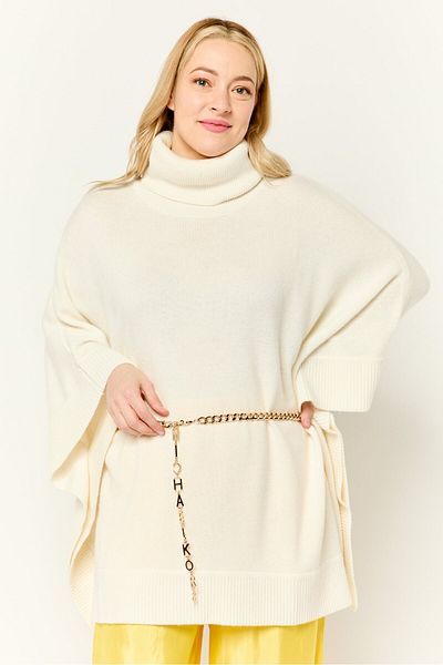Michael Kors Women Turtle Neck Plain Chain Belted Poncho, Cream