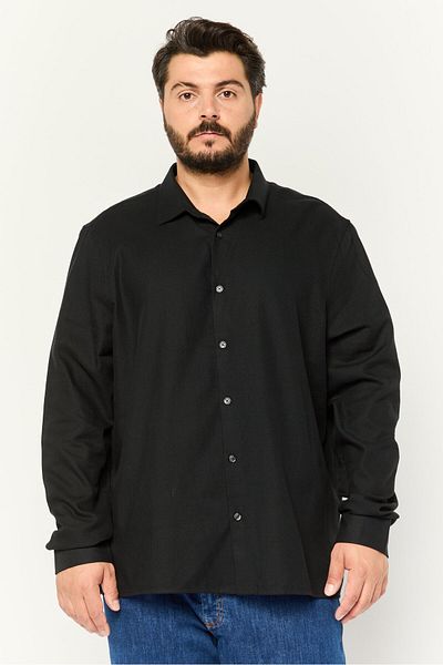 Perry Ellis قميص رجالي كاجوال بقصّة عادية وأكمام طويلة وطبعة هندسية، أسود