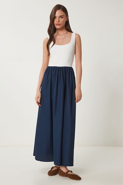 Lovelyİstanbul Rochie de contrast cu top tricotat elastic și fustă din popelin DARK BLUE BONE LFN0093