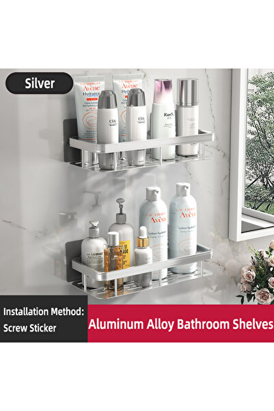 Choice رف حمام فضي من قطعتين، رف مناشف حمام، رفوف حائطية، رف شامبو، بدون مثقاب