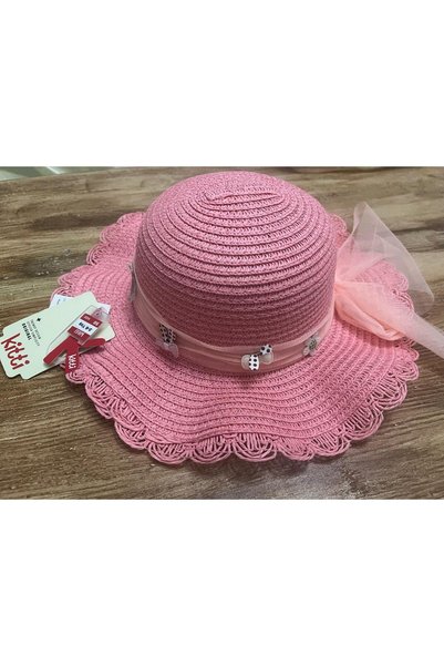 Kitti Girl's Straw Hat with Kittie Ribbon Detail Figure