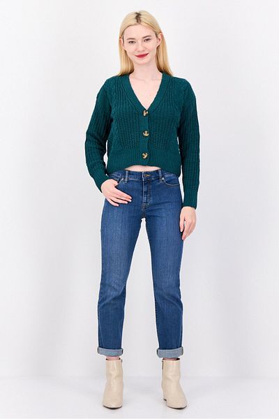 PİNK ROSE Women V Neck Long Sleeves Textured Cardigans, Teal Green